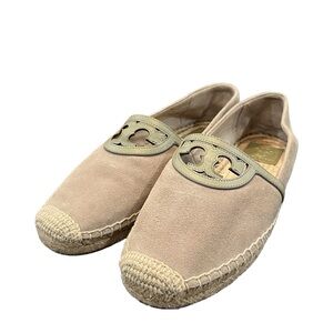 Tory Burch Sidney Espadrille Flats Gray Suede Leather Trim Front Logo Size 9 EUC
